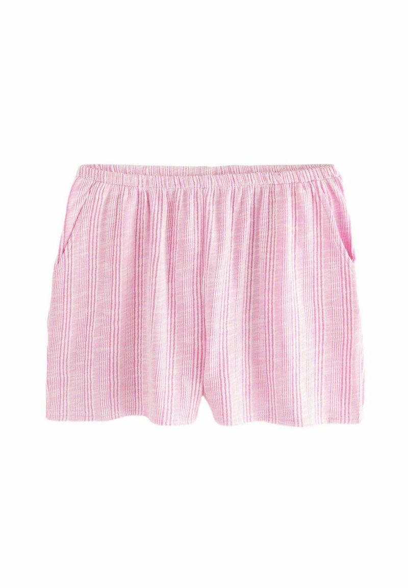 Shorts rayés roses en tissu léger, dotés d'une taille élastique et de poches latérales. Les rayures sont dans des nuances variées de rose.