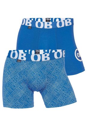 Blå boxershortssæt med en ensfarvet blå par og et mønstrede par med tekst i forskellige nuancer af blå. Blødt stof med elastisk talje.