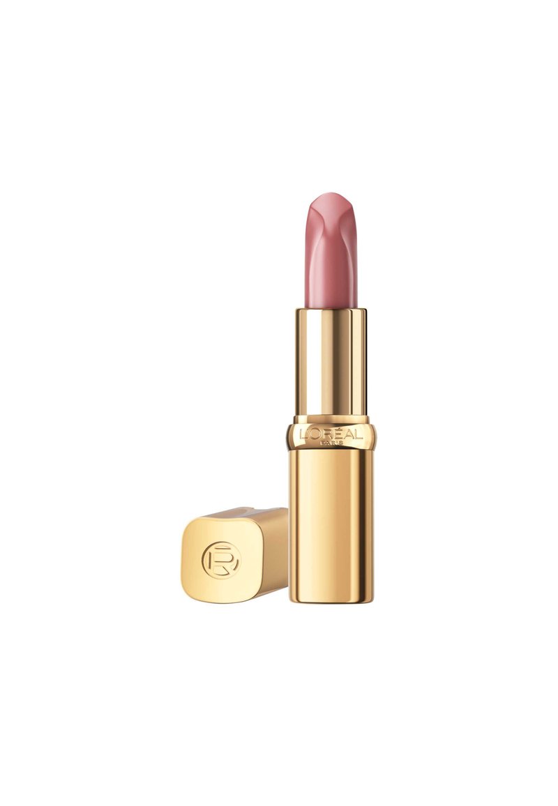 Rossetto con un bullet rosa cremoso e morbido, contenuto in un tubo d'oro lucido con un cappuccio arrotondato e dettaglio del logo inciso.