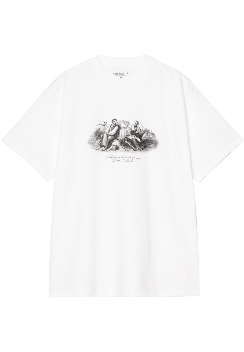 T-shirt bianca in cotone con maniche corte. Presenta una stampa grafica grigia di due figure sedute con testo sottostante. Scollo a girocollo classico, vestibilità comoda.