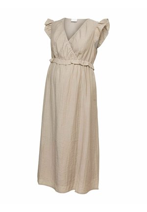 Beige maternity dress with V-neck, ruffled cap sleeves, and elastic waistband featuring a ruffle detail, made of textured fabric.