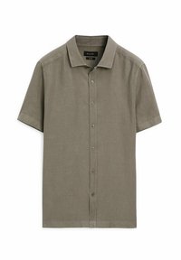 Korte mouwen knoopshirt in olijfgroen, gemaakt van lichtgewicht linnen, met een klassieke kraag en een rechte zoom.