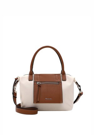 Handbag with a cream body and brown leather accents. Features a front zip pocket and dual handles, with an adjustable strap.