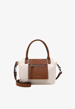 Handbag with a cream body and brown leather accents. Features a front zip pocket and dual handles, with an adjustable strap.