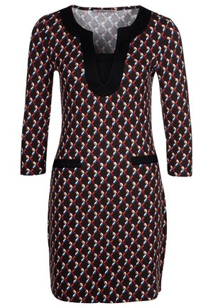 Knee-length, long-sleeve dress with geometric pattern in red, blue, and white, featuring black trim around deep V-neck and pocket accents.