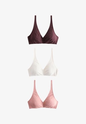 Trzy bezprzewodowe trójkątne biustonosze w kolorach ciemnobrązowym, białym i jasnoróżowym, ułożone pionowo na białym tle.