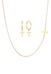 Goldfarbene Schmuckset mit einer Kettenhalskette und einem Kreuzanhänger sowie passenden Ohrhängern mit Kreuzanhänger, alles mit einer polierten Oberfläche.