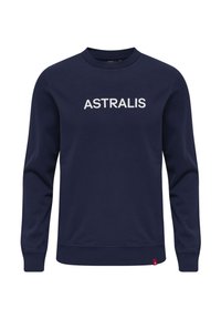 Marineblaues Sweatshirt aus Baumwolle mit Rundhalsausschnitt, langen Ärmeln und der Aufschrift "ASTRALIS" in fetten weißen Buchstaben auf der Vorderseite.