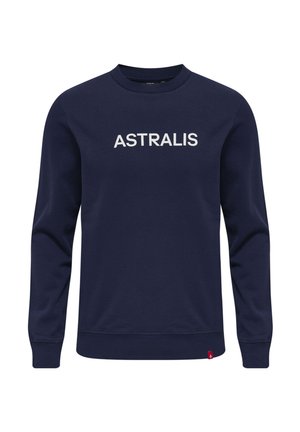Marineblauwe sweater van katoen, met een ronde hals, lange mouwen en "ASTRALIS" in dikke witte letters op de voorkant gedrukt.