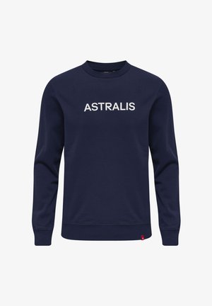 Marineblå sweatshirt lavet af bomuld, med rund halsudskæring, lange ærmer og "ASTRALIS" trykt med fede hvide bogstaver foran.
