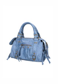 Borsa a tracolla in pelle blu con finitura testurizzata, multiple cerniere, frange decorative e accenti in hardware dorato. Design compatto e strutturato.