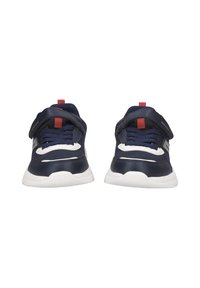 Navy athletic shoes with white accents, featuring a hook-and-loop strap, mesh upper, and cushioned sole for comfort.