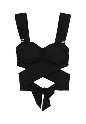 Czarny top kąpielowy z szerokimi ramiączkami, marszczonymi miseczkami i wiązaniem z przodu. Posiada złote akcenty na ramiączkach oraz krzyżujące się elementy.