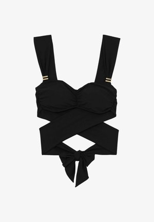 Černý horní díl plavek se širokými ramínky, nařasenými košíčky a předním zavazováním. Má zlaté akcenty na ramínkách a překřížený design.
