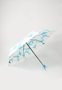 Compact umbrella featuring a white and light blue floral design. Black shaft with a blue plastic handle and fabric tie.