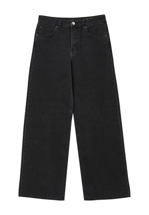 Pantaloni in denim neri a gamba larga con design a cinque tasche, chiusura frontale con bottone e orlo pulito. Tessuto morbido con una finitura scura e sbiadita.