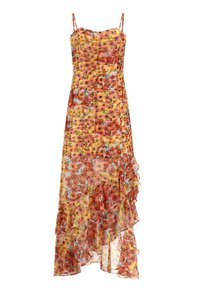 Robe maxi florale à fines bretelles, présentant une palette de couleurs jaune et rose, avec une jupe superposée à volants et un tissu léger et transparent.