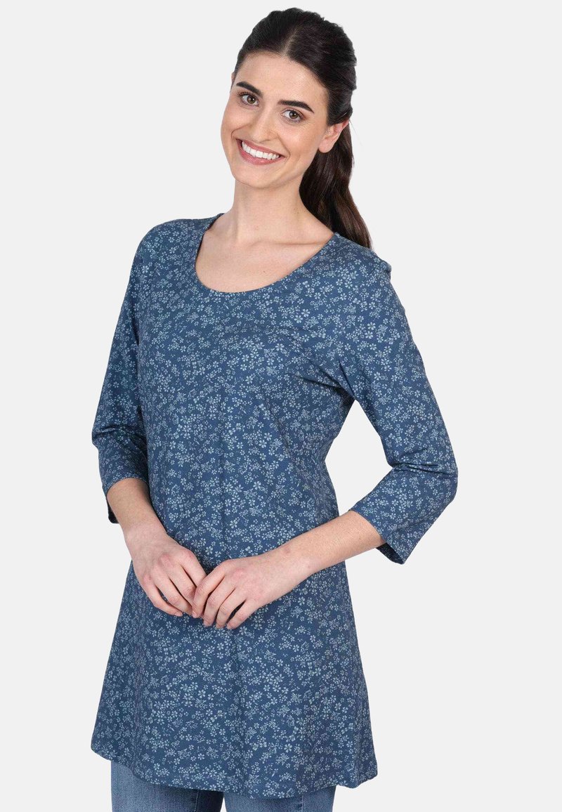 Blaue Blumentunika mit drei Viertel-Ärmeln und rundem Halsausschnitt. Hergestellt aus weichem Stoff, hat sie eine lockere Passform und einen geraden Saum.
