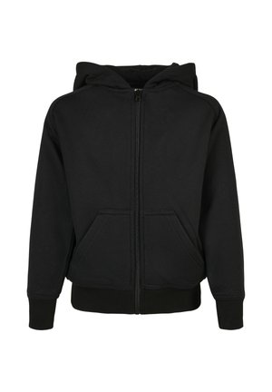 Sweat à capuche noir zippé avec poches avant, poignets et ourlet côtelés, présenté sur fond blanc.