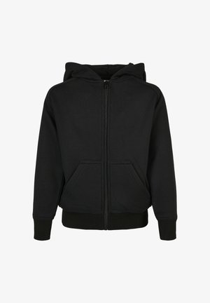 Sweat à capuche noir zippé avec poches avant, poignets et ourlet côtelés, présenté sur fond blanc.