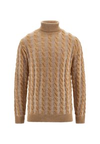 Svetřík s rolákem z copánkového úpletu světle hnědé barvy, s žebrovanými manžetami a lemem, s texturovaným vzorem vystouplých copánků po celém povrchu.