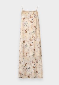 Longue robe nuisette beige avec fines bretelles et un délicat motif floral dans des tons doux marron, blanc et vert.