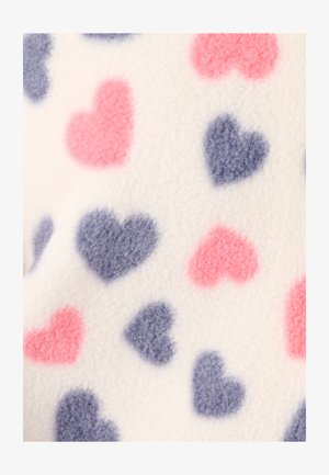 Fleece fabric featuring a white background with scattered hearts in pink and blue shades, soft texture, and a regular pattern.
