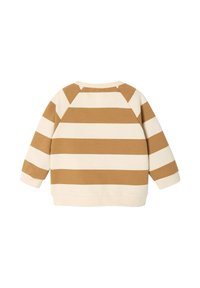 Striped sweatshirt in cream and brown. Features wide horizontal stripes, raglan sleeves, and a round neckline. Soft cotton material.