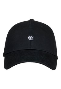 Cappellino da baseball nero in tessuto con visiera curvata, dotato di un piccolo logo ricamato sul fronte. Texture morbida con cuciture pulite.