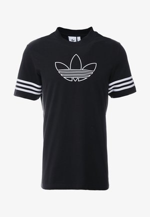 T-shirt noir à manches courtes avec logo trèfle Adidas blanc sur la poitrine et trois bandes blanches sur chaque manche.