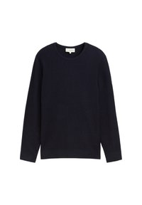 Dunkelblauer Langarmpullover mit strukturiertem Rippenmuster, runder Ausschnitt und geradem Saum. Das Material wirkt weich und dehnbar.