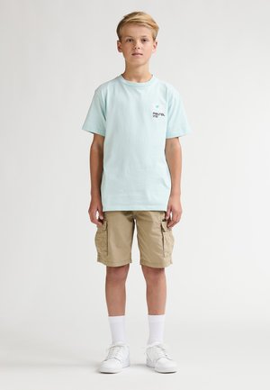 Lichtblauw katoenen T-shirt met een grafische print, gecombineerd met beige cargoshorts met zijzakken, en witte sneakers met enkelsokken.