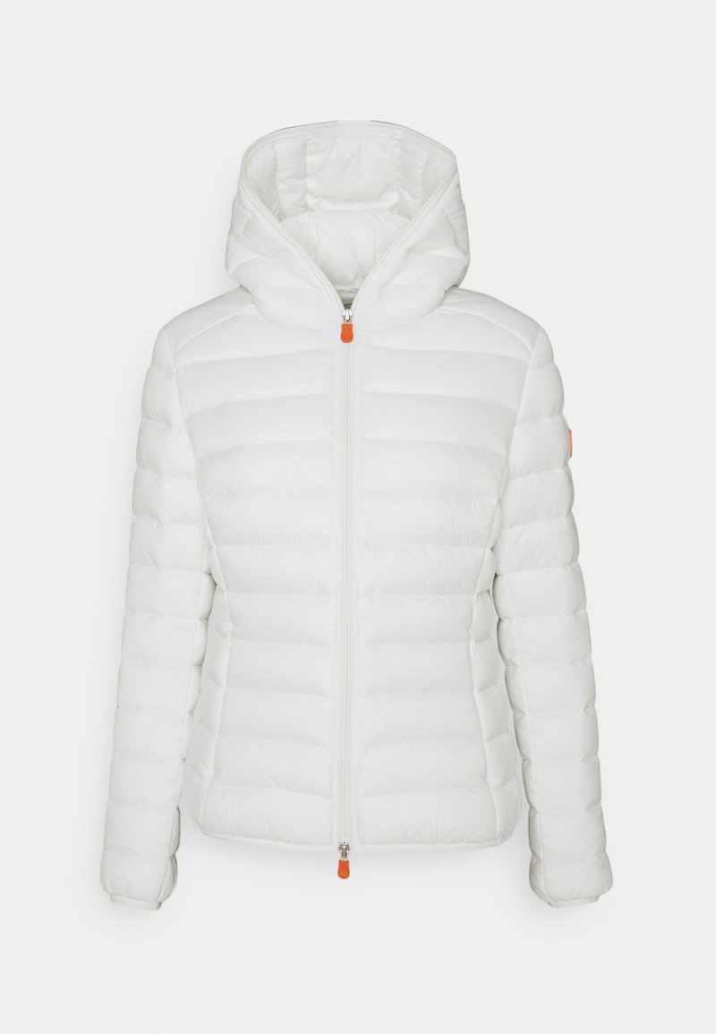 Veste blanche matelassée à capuche avec tirettes de fermeture éclair orange et design rembourré, présentée de face sur un fond uni.