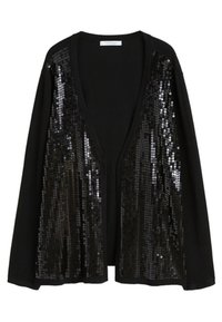 Cardigan nero con dettagli in paillettes nere lungo il davanti. Presenta un collo a V e maniche ampie. Realizzato in un morbido misto di tessuti.