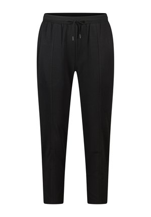 Pantalon noir texturé avec une taille élastique et un cordon de serrage, doté d'une coupe fuselée et de détails discrets de coutures verticales.