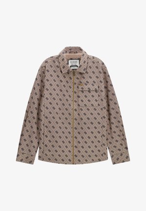 Beige zip-up jacket with all-over dark monogram pattern, chest pocket, and collar, from Guess brand.