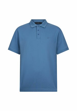 Blaues Polohemd mit kurzen Ärmeln, drei Knöpfen und einem kleinen gestickten Logo auf der linken Brust, dargestellt auf weißem Hintergrund.