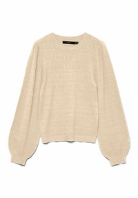 Pull-over beige à manches longues avec tricot texturé, encolure ronde et manches bouffantes. Ourlet irrégulier et poignets côtelés ajoutent du détail.
