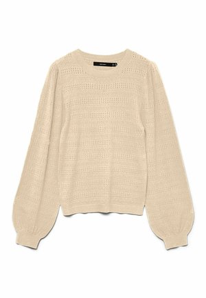 Pull-over beige à manches longues avec tricot texturé, encolure ronde et manches bouffantes. Ourlet irrégulier et poignets côtelés ajoutent du détail.
