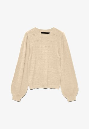 Pull-over beige à manches longues avec tricot texturé, encolure ronde et manches bouffantes. Ourlet irrégulier et poignets côtelés ajoutent du détail.