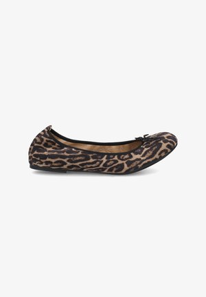 Leopard print ballet flat with a black trim, rounded toe, and small bow detail on the front. Soft fabric texture, low-profile sole.