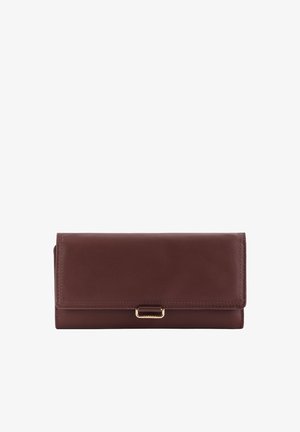 Brown leather wallet with a smooth texture, rectangular shape, flap closure, and a gold-tone hardware accent on the front.