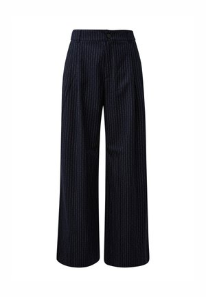 Pantalon large bleu marine à fines rayures blanches, boutonné à l'avant avec des plis, présenté sur un fond blanc.