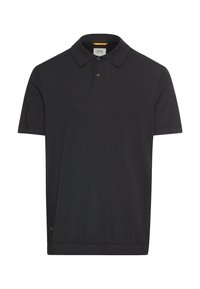 Sort polo t-shirt med klassisk krave, tre-knap lukning, korte ærmer og en tekstureret overflade. Etikette placeret i side sømmen.