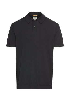 Sort polo t-shirt med klassisk krave, tre-knap lukning, korte ærmer og en tekstureret overflade. Etikette placeret i side sømmen.