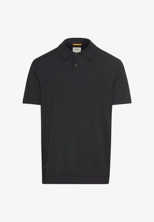 Black polo shirt with a classic collar, three-button placket, short sleeves, and a textured finish. Label located at the side seam.