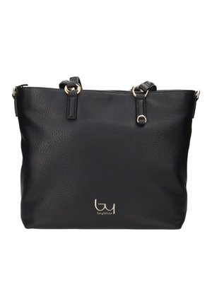 Borsa tote in pelle nera testurizzata con due manici a spalla e dettagli in metallo color oro, con un piccolo logo dorato al centro in basso.