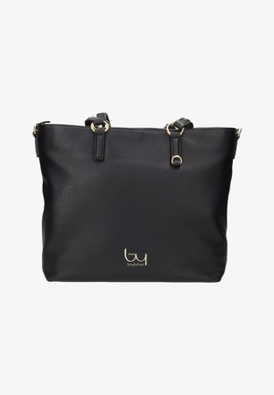 Borsa tote in pelle nera testurizzata con due manici a spalla e dettagli in metallo color oro, con un piccolo logo dorato al centro in basso.