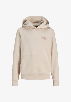 Beige Kapuzenpullover mit einer frontalen Kängurutasche, aus weichem Stoff gefertigt, mit einem dezenten Logo auf der Brust in kontrastierender Farbe.