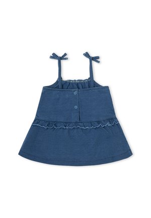 Vestido azul para niña pequeña con lazos en los hombros, botones a presión al frente y un detalle de volantes en la línea de la cintura.